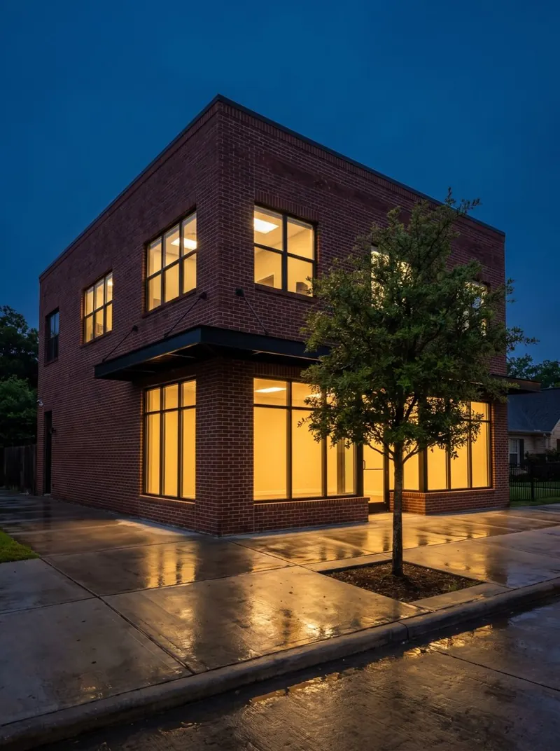Two-story brick commercial building at dusk with glowing windows