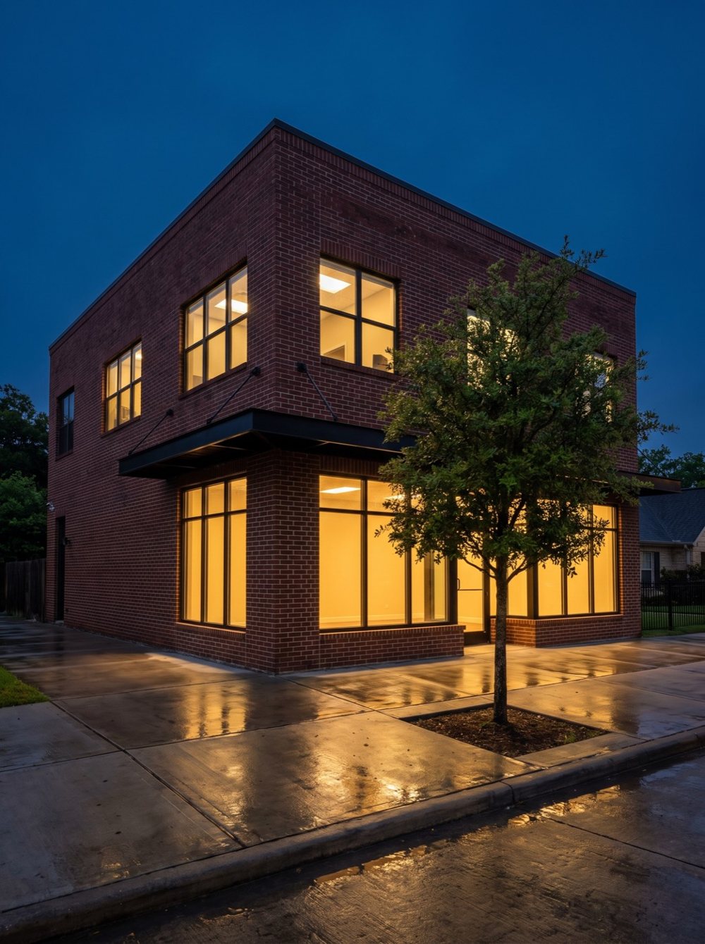 Two-story brick commercial building at dusk with glowing windows