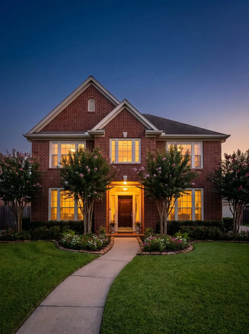 A two-story brick home at dusk with warm light in the windows